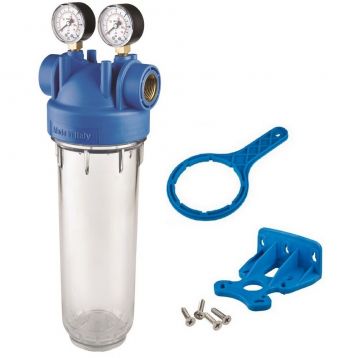 Фильтр-колба Atlas Filtri DP MONO TS (прозрачная) Ø1/2" OT (латунь) 10" 45°C 8 bar + 2 манометра KIT (ZA1380331)