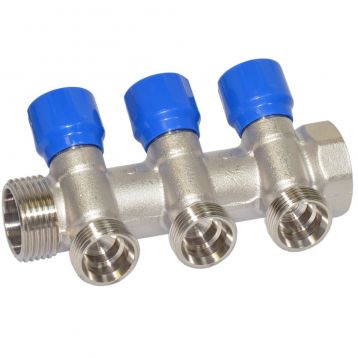 Carlo Poletti Колектор кутовий Ø1" x 3 виходи x 3/4" EK (сині ручки) нікель (C323N12QB)