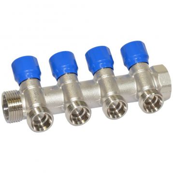 Carlo Poletti Угловой коллектор Ø1" x 4 выхода x 3/4" EK (синие ручки) никель (C324N12QB)