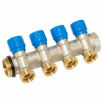 Коллектор угловой SMART-SEAL 1" x 4 выхода x 3/4" EK (синие ручки) никель (C324N12ZBOR)