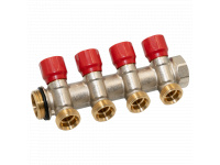 Коллектор угловой SMART-SEAL 1" x 4 выхода x 3/4" EK (красные ручки) никель (C324N12ZROR)