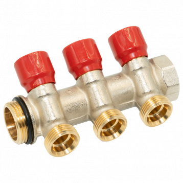 Коллектор угловой SMART-SEAL 1" x 3 выхода x 3/4" EK (красные ручки) никель (C323N12ZROR)