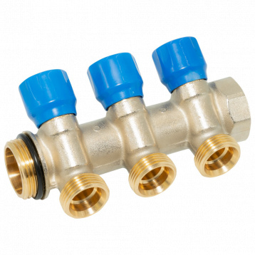 Колектор кутовий Carlo Poletti SMART-SEAL 1" x 3 виходи x 3/4" EK (сині ручки) нікель (C323N12QBOR) - 1